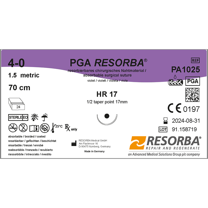 ПГА РЕСОРБА USP4-0, фіолетовий, довжина 70 см, голка колюча, 17мм, 1/2 кола